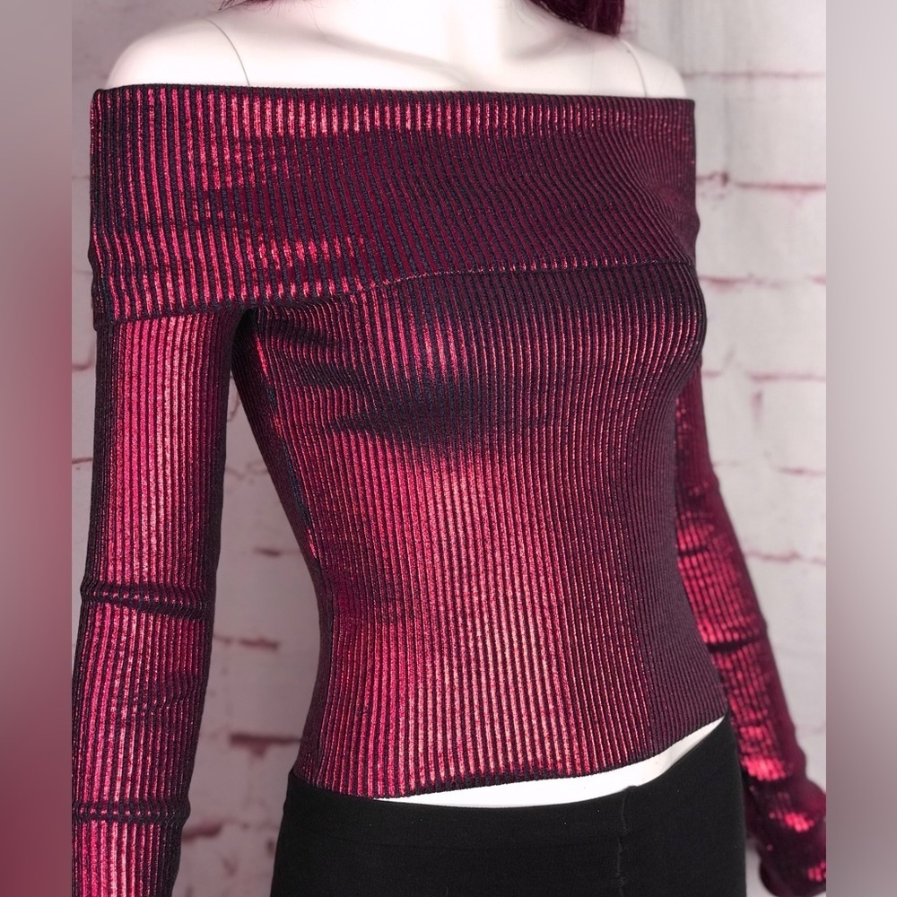 NEW ZARA XS Off the Shoulder Red Metallic Knit Foil Stretch Top NEW WITH TAG - Picture 2 of 15